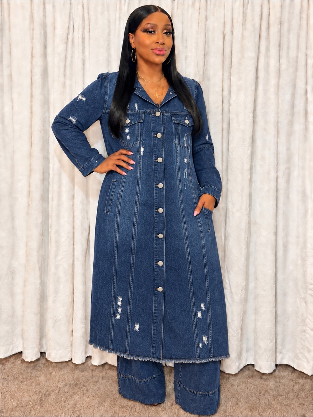 Classic Dark Blue Denim Button-Front Maxi coat
